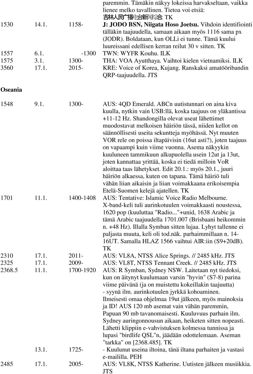 ILK 1575 3.1. 1300- THA: VOA Ayutthaya. Vaihtoi kielen vietnamiksi. ILK 3560 17.1. 2015- KRE: Voice of Korea, Kujang. Ranskaksi amatööribandin QRP-taajuudella. JTS Oseania 1548 9.1. 1300- AUS: 4QD Emerald.