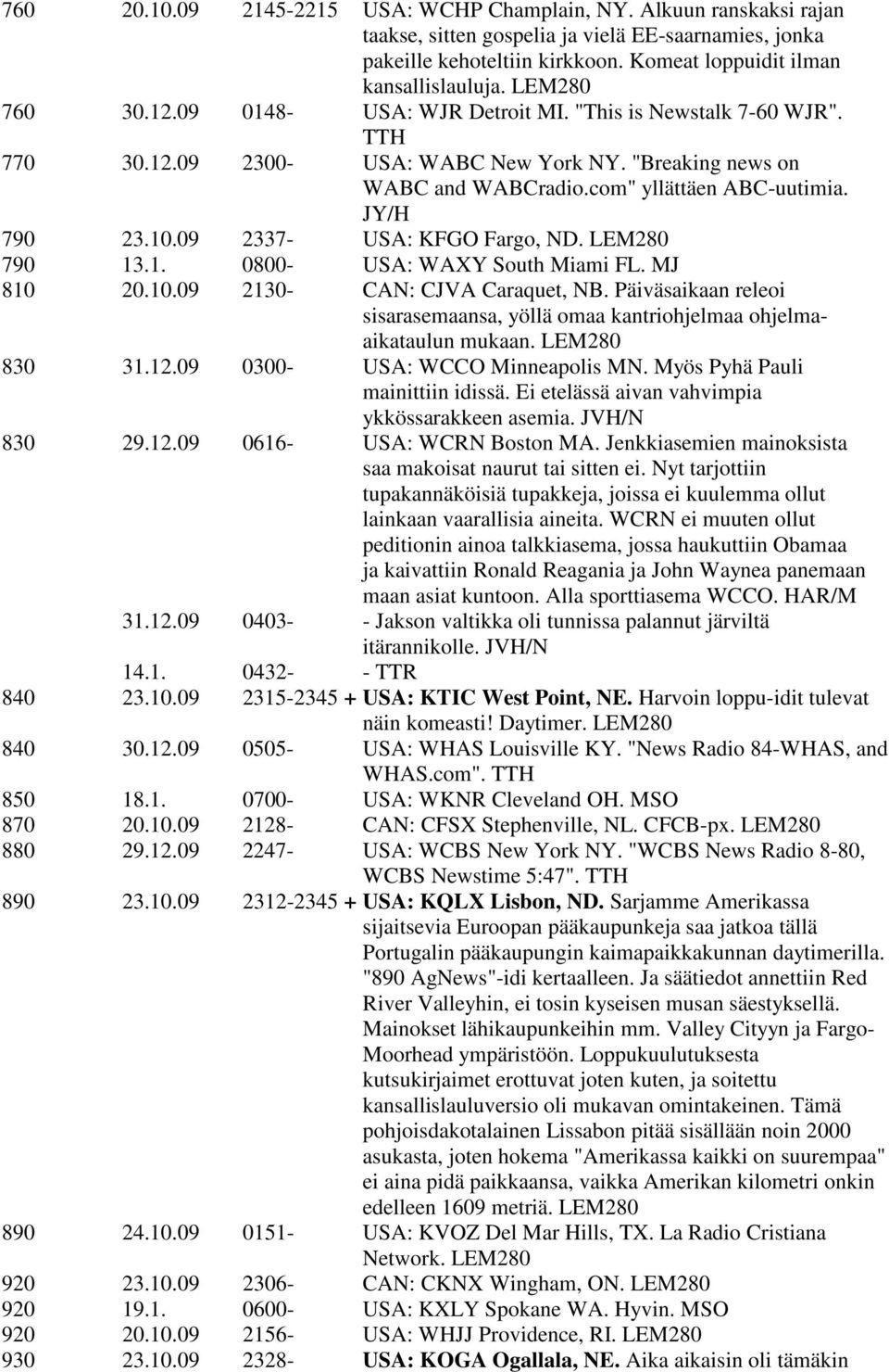 10.09 2337- USA: KFGO Fargo, ND. LEM280 790 13.1. 0800- USA: WAXY South Miami FL. MJ 810 20.10.09 2130- CAN: CJVA Caraquet, NB.