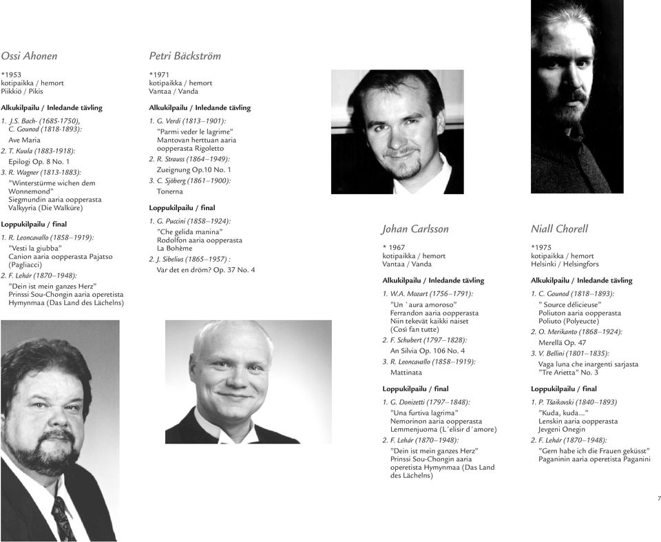 Verdi (1813 1901): Parmi veder le lagrime Mantovan herttuan aaria oopperasta Rigoletto 2. R. Strauss (1864 1949): Zueignung Op.10 No. 1 3. C.