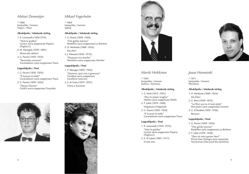 Massenet (1842 1912): Pourquoi me réveiller Wertherin aaria oopperasta Werther E lucevan le stelle 2. G. Puccini (1858 1924): Nessun Dorma Calafin aaria oopperasta Turandot 1. P. Mascagni (1863 1945): Mamma, quel vino é generoso Turiddun aaria oopperasta Cavalleria rusticana 2.