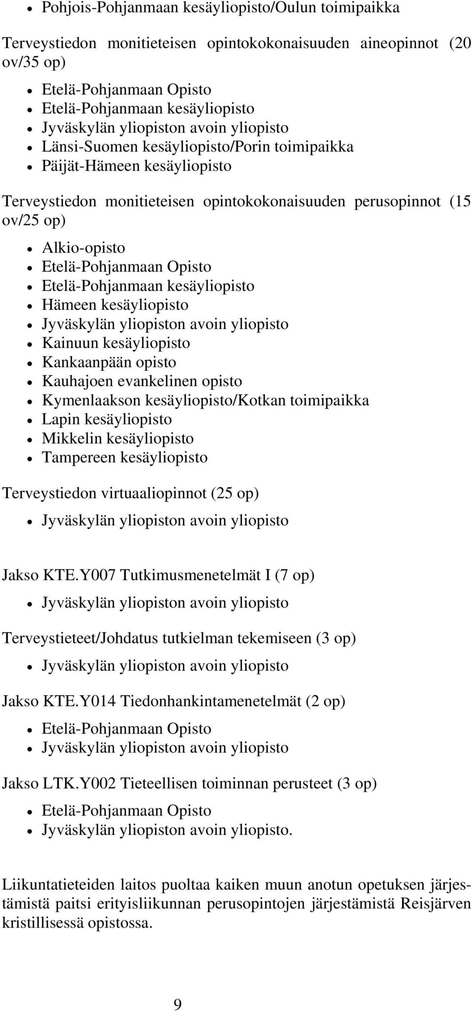 kesäyliopisto Hämeen kesäyliopisto Kainuun kesäyliopisto Kankaanpään opisto Kauhajoen evankelinen opisto Kymenlaakson kesäyliopisto/kotkan toimipaikka Lapin kesäyliopisto Mikkelin kesäyliopisto
