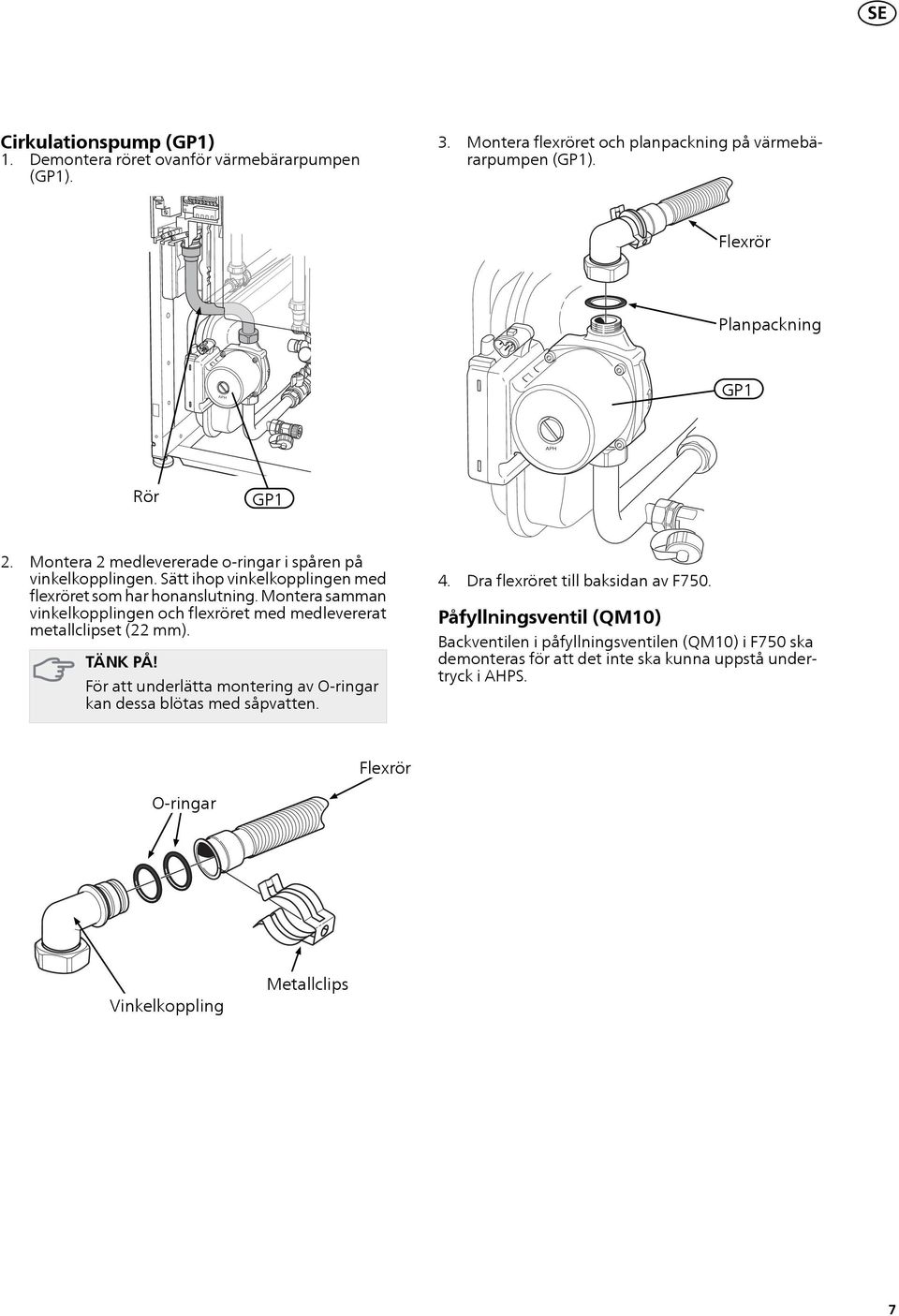Montera samman vinkelkopplingen och flexröret med medlevererat metallclipset ( mm). TÄNK PÅ! För att underlätta montering av O-ringar kan dessa blötas med såpvatten.