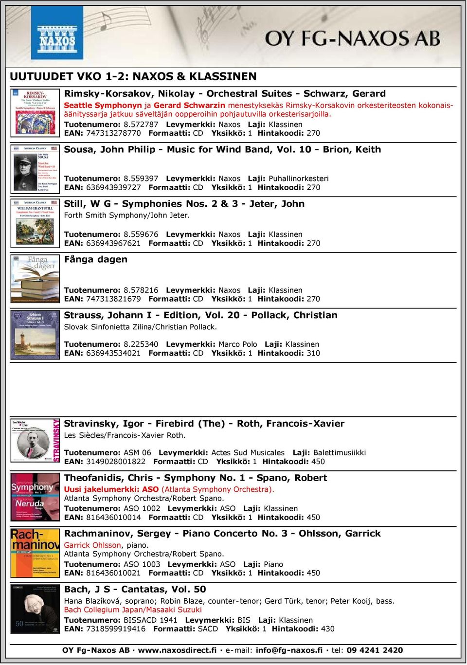 572787 Levymerkki: Naxos Laji: Klassinen EAN: 747313278770 Formaatti: CD Yksikkö: 1 Hintakoodi: 270 Sousa, John Philip - Music for Wind Band, Vol. 10 - Brion, Keith Tuotenumero: 8.