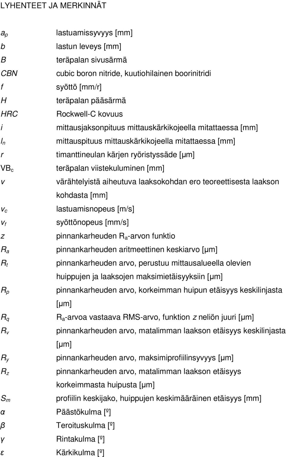 ryöristyssäde [µm] teräpalan viistekuluminen [mm] värähtelyistä aiheutuva laaksokohdan ero teoreettisesta laakson kohdasta [mm] lastuamisnopeus [m/s] syöttönopeus [mm/s] pinnankarheuden R a -arvon