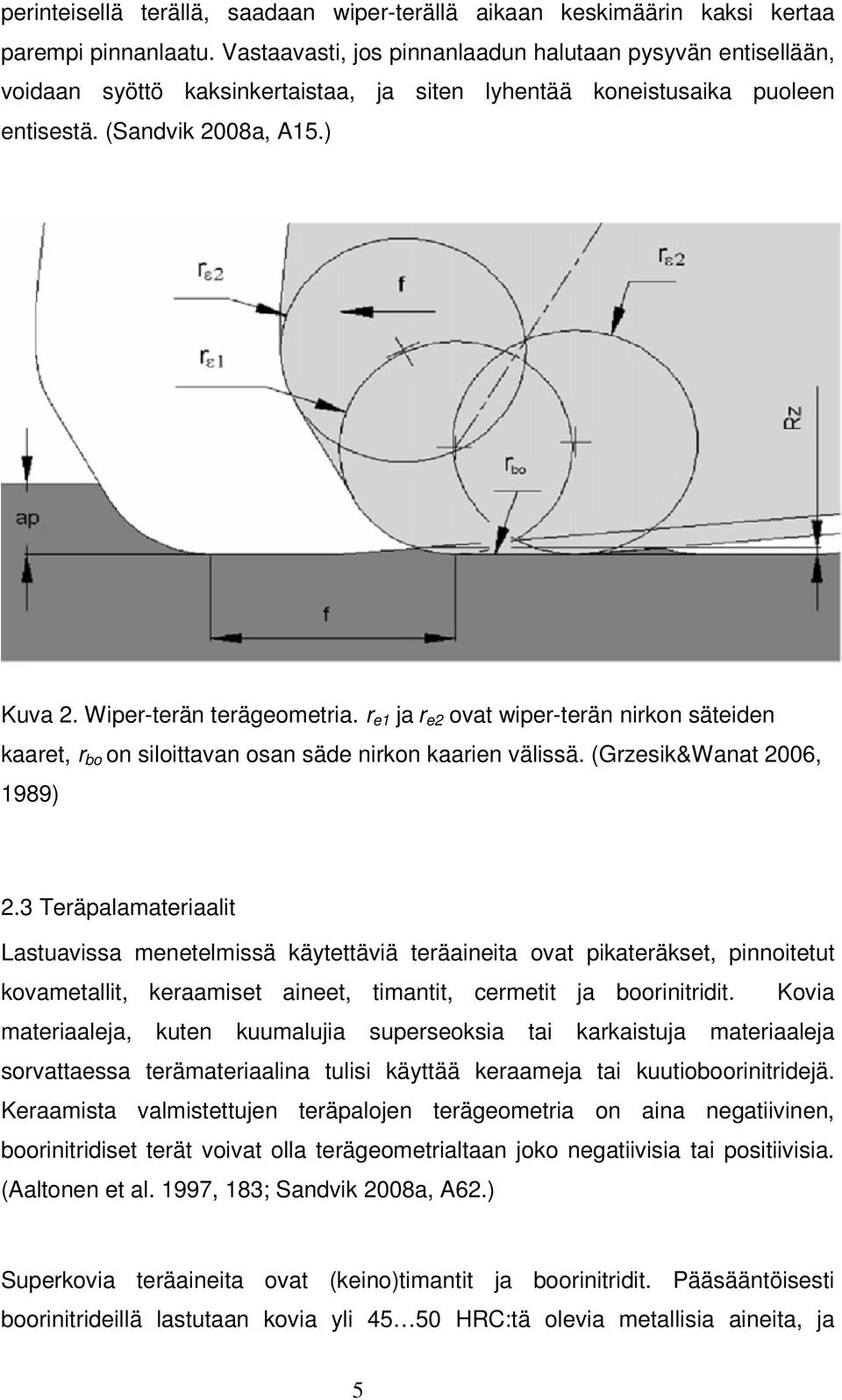 r e1 ja r e2 ovat wiper-terän nirkon säteiden kaaret, r bo on siloittavan osan säde nirkon kaarien välissä. (Grzesik&Wanat 2006, 1989) 2.