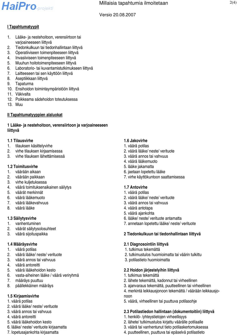 Laitteeseen tai sen käyttöön liittyvä 8. Aseptiikkaan liittyvä 9. Tapaturma 10. Ensihoidon toimintaympäristöön liittyvä 11. Väkivalta 12. Poikkeama sädehoidon toteutuksessa 13.