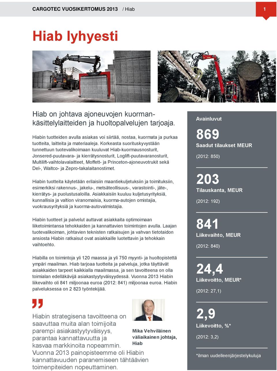 Korkeasta suorituskyvystään tunnettuun tuotevalikoimaan kuuluvat Hiab-kuormausnosturit, Jonsered-puutavara- ja kierrätysnosturit, Loglift-puutavaranosturit, Multilift-vaihtolavalaitteet, Moffett- ja