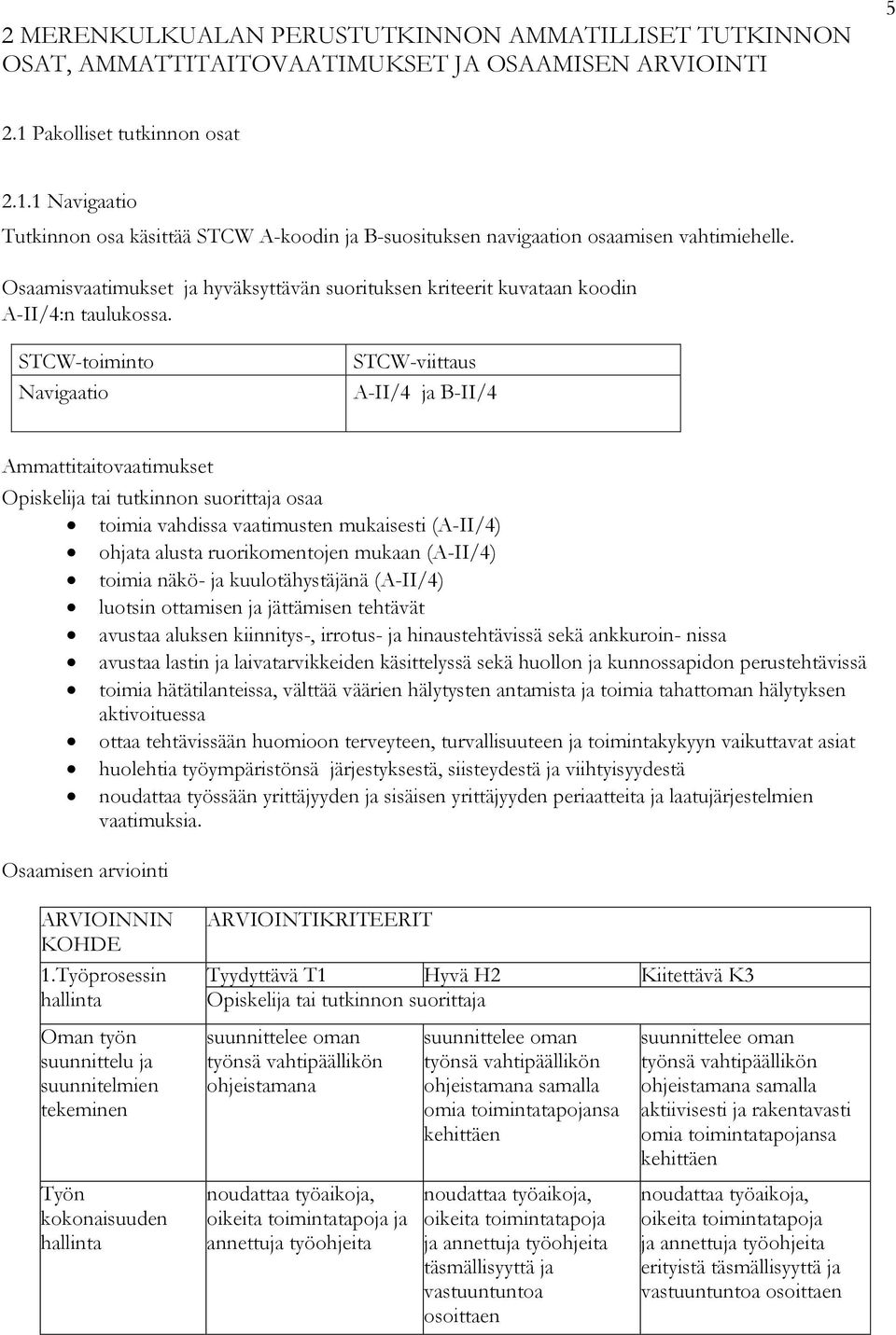 Osaamisvaatimukset ja hyväksyttävän suorituksen kriteerit kuvataan koodin A-II/4:n taulukossa.