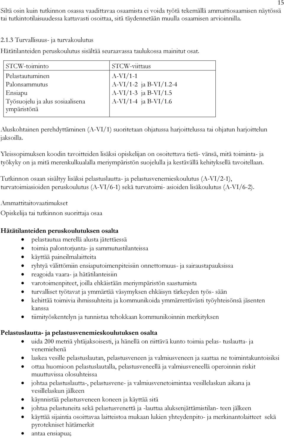 STCW-toiminto Pelastautuminen Palonsammutus Ensiapu Työsuojelu ja alus sosiaalisena ympäristönä STCW-viittaus A-VI/1-1 A-VI/1-2 ja B-VI/1.2-4 A-VI/1-3 ja B-VI/1.5 A-VI/1-4 ja B-VI/1.