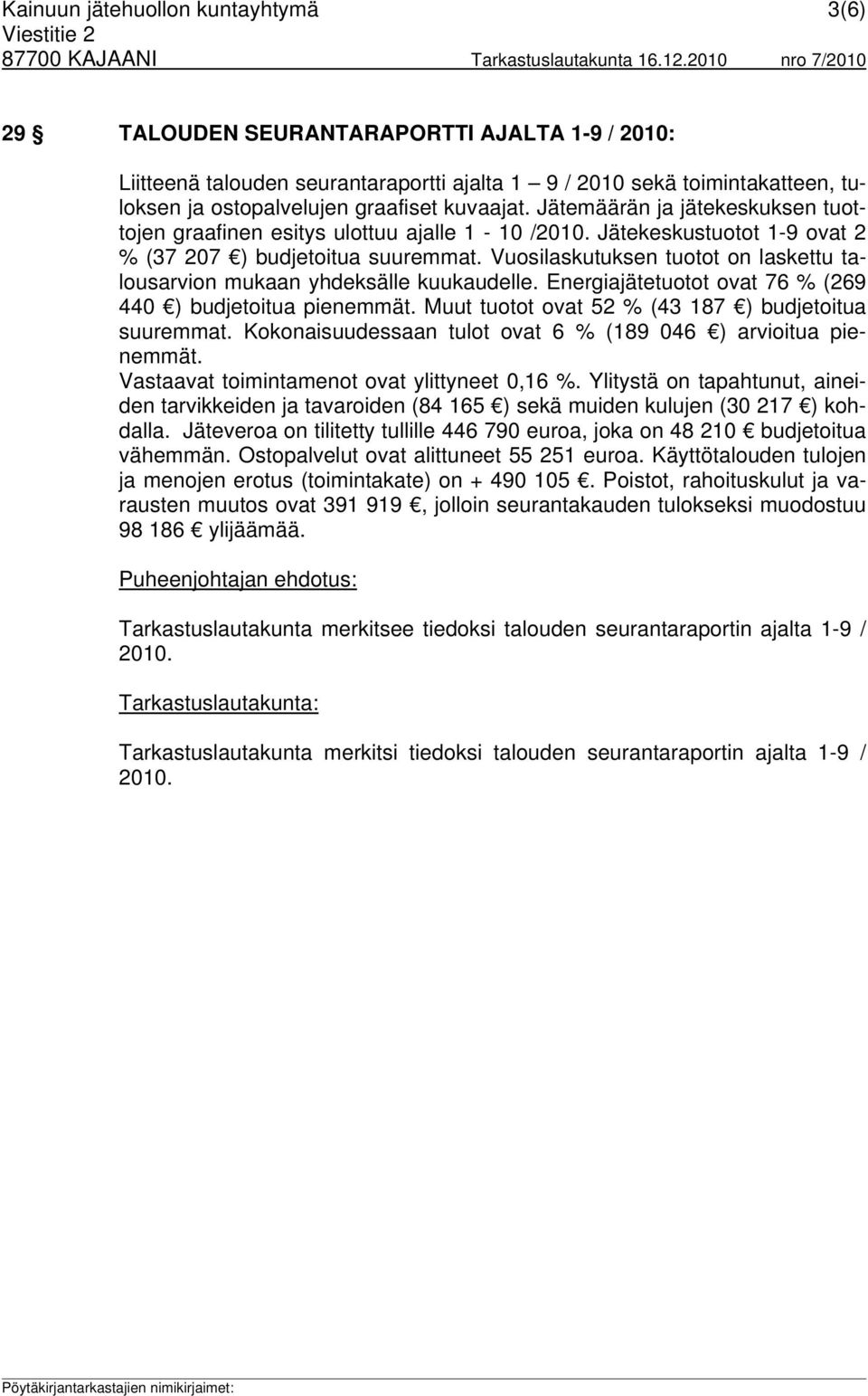 Vuosilaskutuksen tuotot on laskettu talousarvion mukaan yhdeksälle kuukaudelle. Energiajätetuotot ovat 76 % (269 440 ) budjetoitua pienemmät. Muut tuotot ovat 52 % (43 187 ) budjetoitua suuremmat.