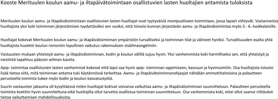 Vastanneista huoltajista yksi koki toiminnan järjestämisen tyydyttäväksi sen vuoksi, että toivoisi kunnan järjestävän aamu- ja iltapäivätoimintaa myös.-.-luokkalaisille.