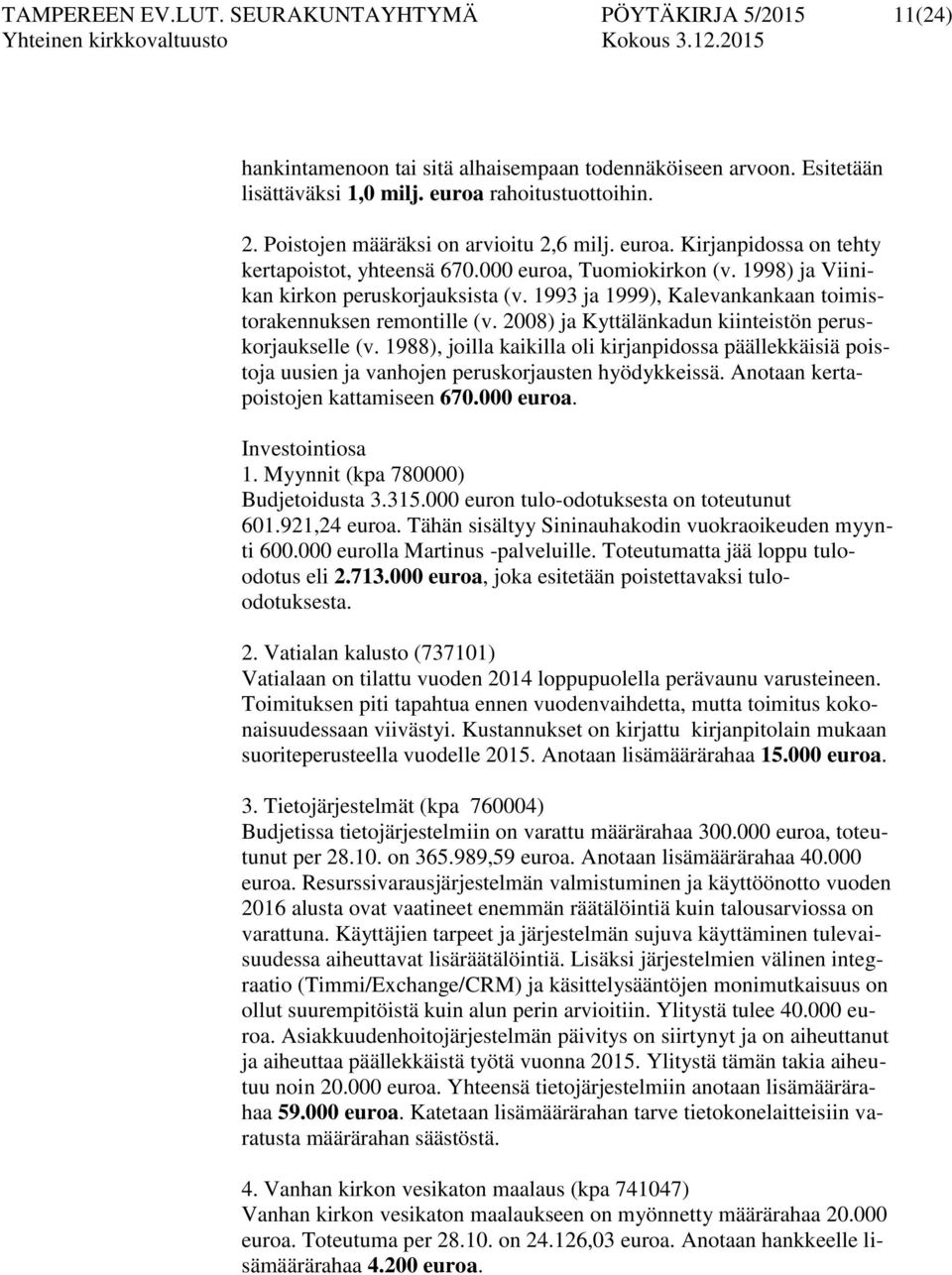 1993 ja 1999), Kalevankankaan toimistorakennuksen remontille (v. 2008) ja Kyttälänkadun kiinteistön peruskorjaukselle (v.