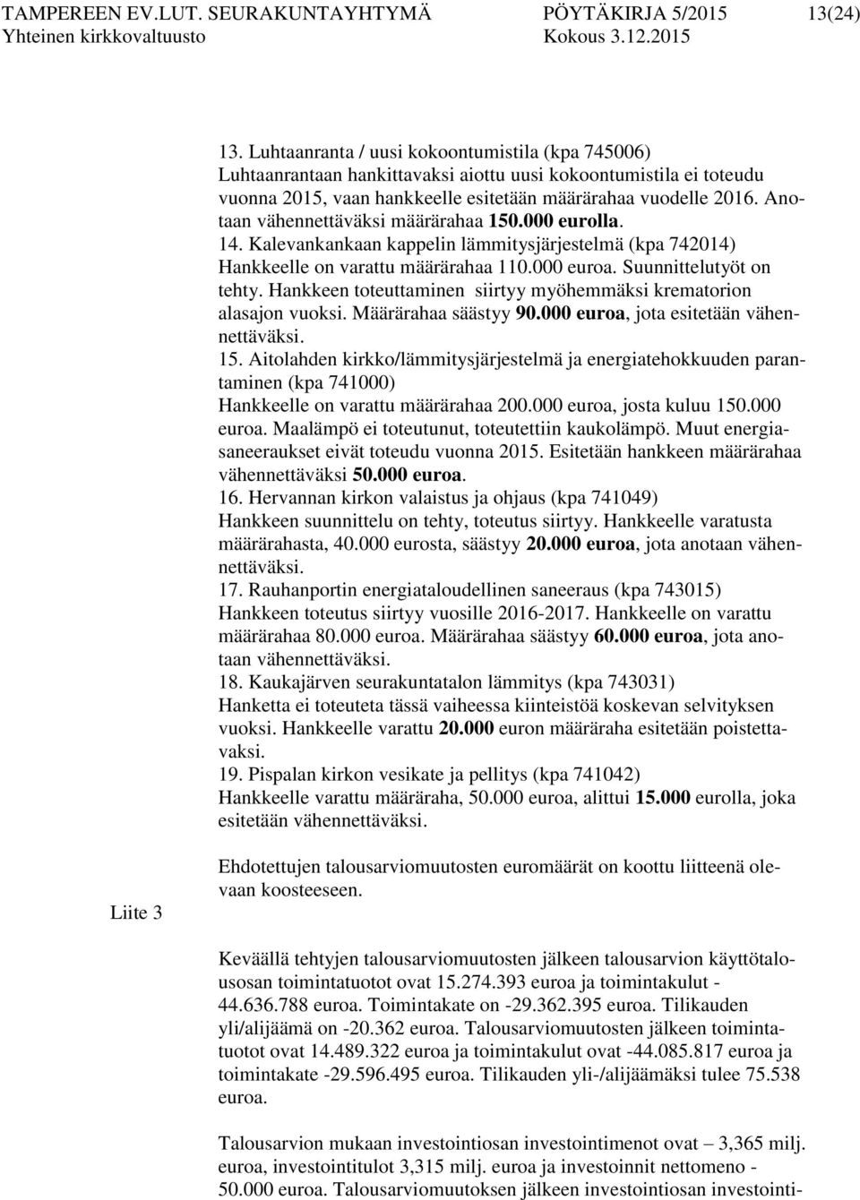 Anotaan vähennettäväksi määrärahaa 150.000 eurolla. 14. Kalevankankaan kappelin lämmitysjärjestelmä (kpa 742014) Hankkeelle on varattu määrärahaa 110.000 euroa. Suunnittelutyöt on tehty.