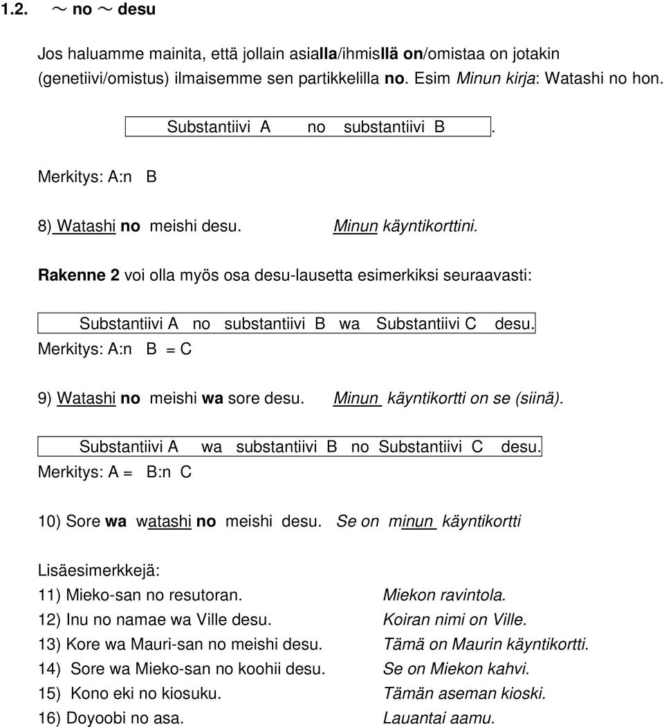 Rakenne 2 voi olla myös osa desu-lausetta esimerkiksi seuraavasti: Substantiivi A no substantiivi B wa Substantiivi C Merkitys: A:n B = C desu. 9) Watashi no meishi wa sore desu.