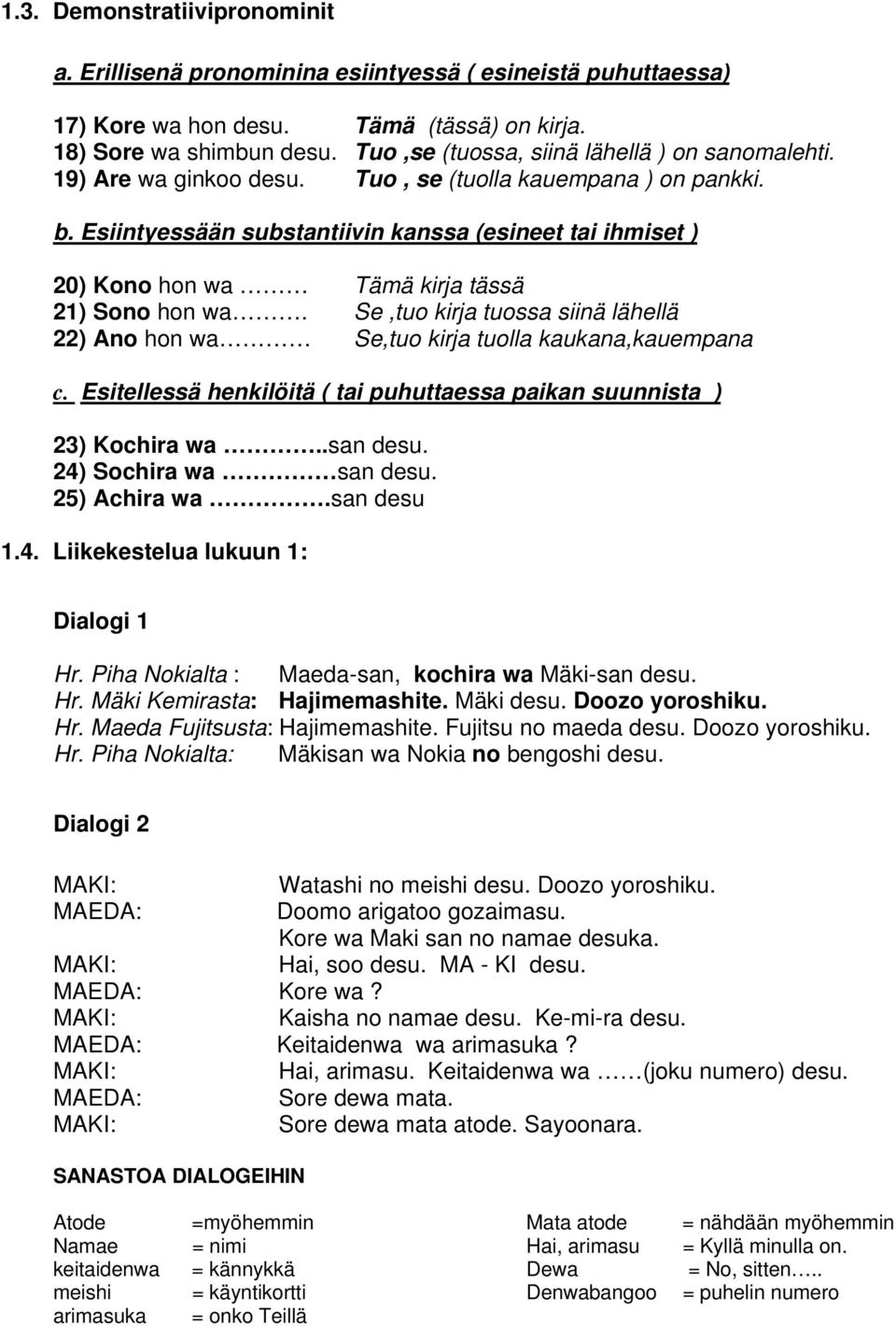 Esiintyessään substantiivin kanssa (esineet tai ihmiset ) 20) Kono hon wa Tämä kirja tässä 21) Sono hon wa. Se,tuo kirja tuossa siinä lähellä 22) Ano hon wa Se,tuo kirja tuolla kaukana,kauempana c.