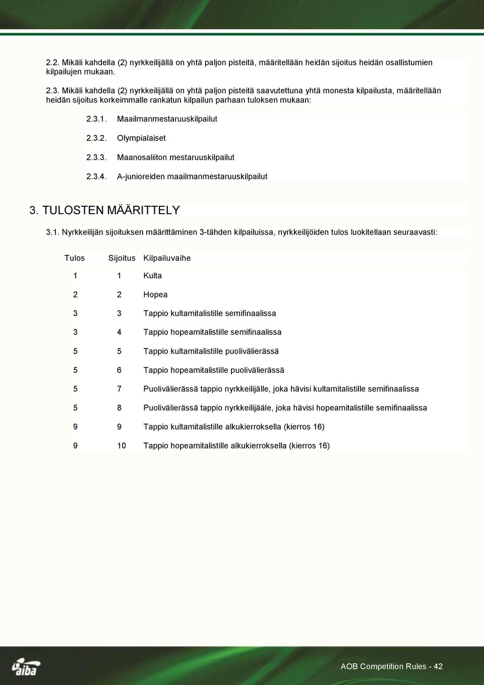 Maailmanmestaruuskilpailut 2.3.2. Olympialaiset 2.3.3. Maanosaliiton mestaruuskilpailut 2.3.4. A-junioreiden maailmanmestaruuskilpailut 3. TULOSTEN MÄÄRITTELY 3.1.