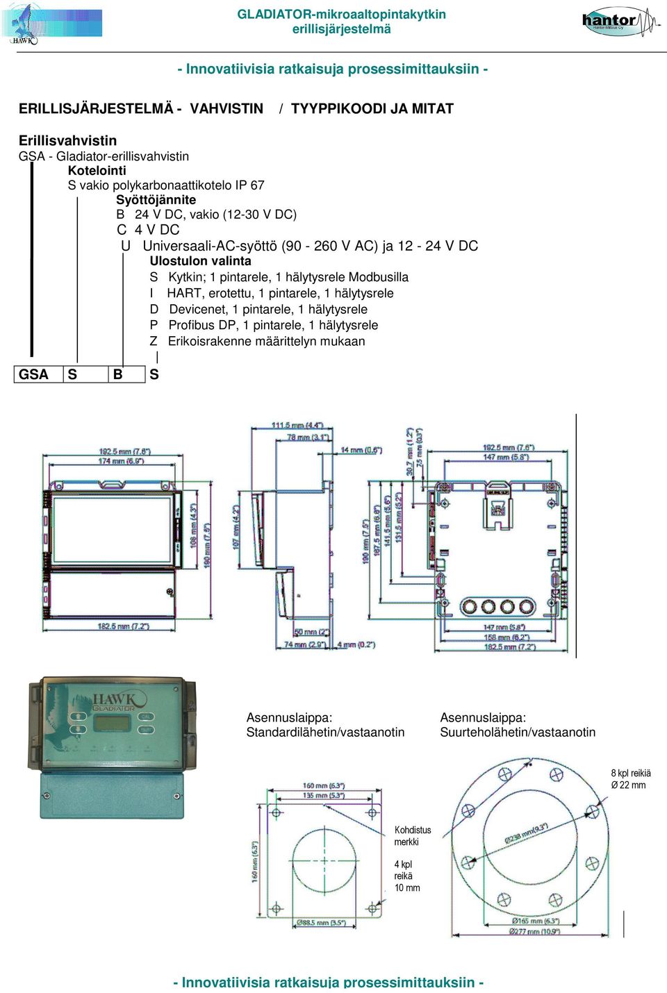 Modbusilla I HART, erotettu, 1 pintarele, 1 hälytysrele D Devicenet, 1 pintarele, 1 hälytysrele P Profibus DP, 1 pintarele, 1 hälytysrele Z Erikoisrakenne