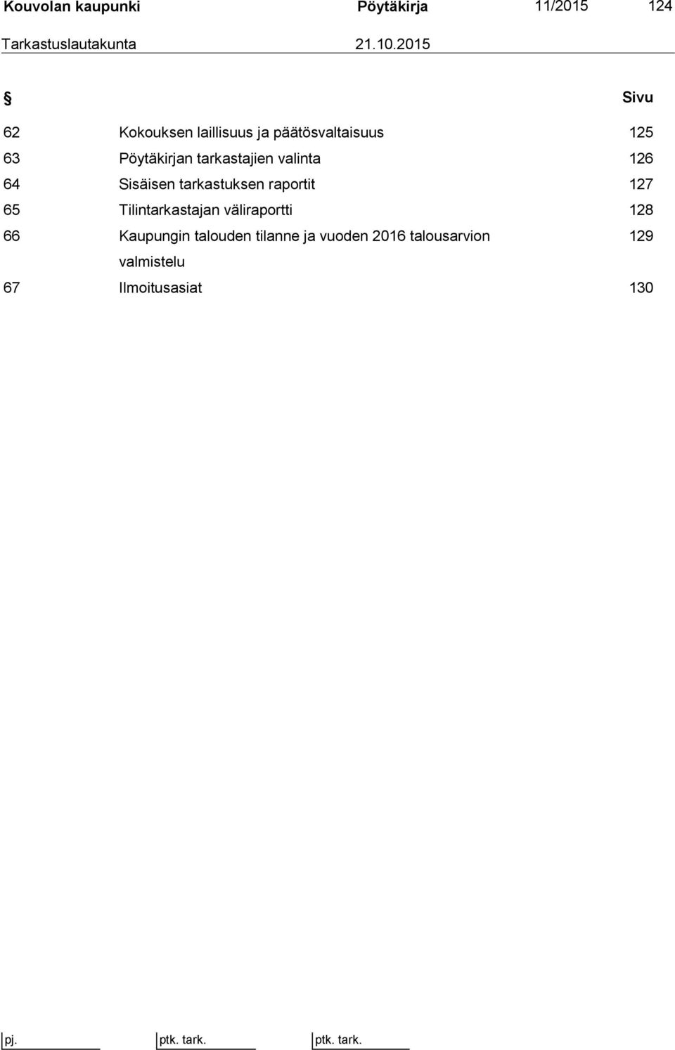 tarkastajien valinta 126 64 Sisäisen tarkastuksen raportit 127 65 Tilintarkastajan