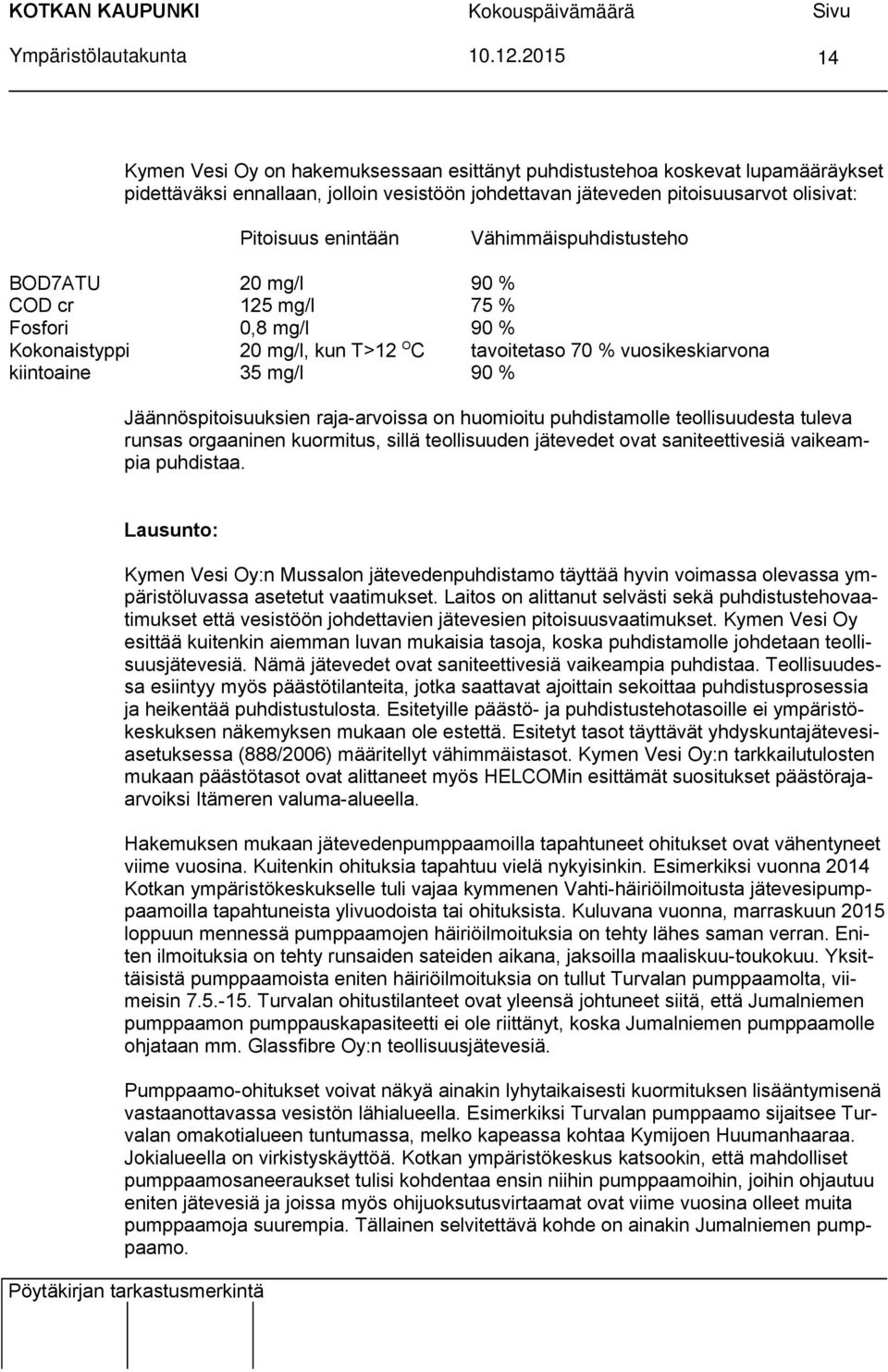 enintään Vähimmäispuhdistusteho BOD7ATU 20 mg/l 90 % COD cr 125 mg/l 75 % Fosfori 0,8 mg/l 90 % Kokonaistyppi 20 mg/l, kun T>12 O C tavoitetaso 70 % vuosikeskiarvona kiintoaine 35 mg/l 90 %