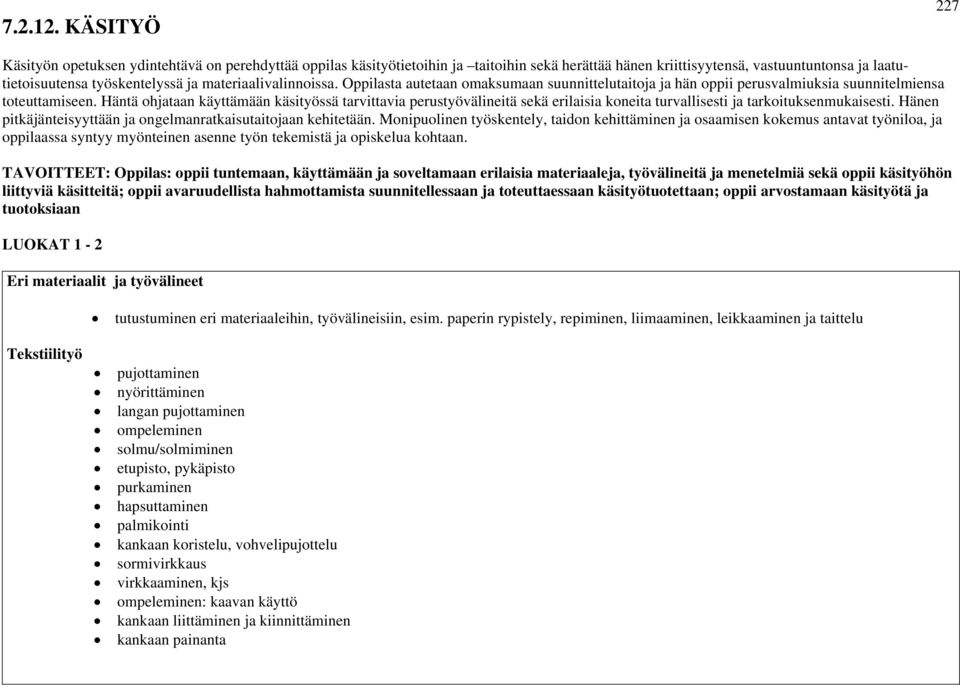 materiaalivalinnoissa. Oppilasta autetaan omaksumaan suunnittelutaitoja ja hän oppii perusvalmiuksia suunnitelmiensa toteuttamiseen.