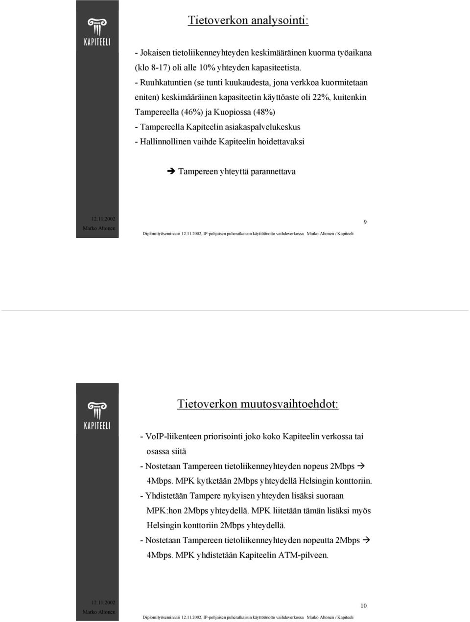 asiakaspalvelukeskus - Hallinnollinen vaihde Kapiteelin hoidettavaksi Tampereen yhteyttä parannettava Diplomityöseminaari, IP-pohjaisen puheratkaisun käyttöönotto vaihdeverkossa / Kapiteeli 9