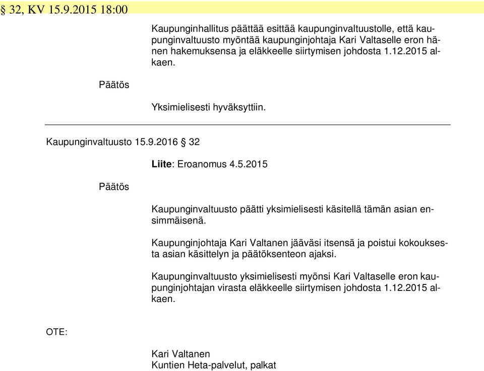 siirtymisen johdosta 1.12.2015 alkaen. Yksimielisesti hyväksyttiin. Kaupunginvaltuusto 15.9.2016 32 Liite: Eroanomus 4.5.2015 Kaupunginvaltuusto päätti yksimielisesti käsitellä tämän asian ensimmäisenä.