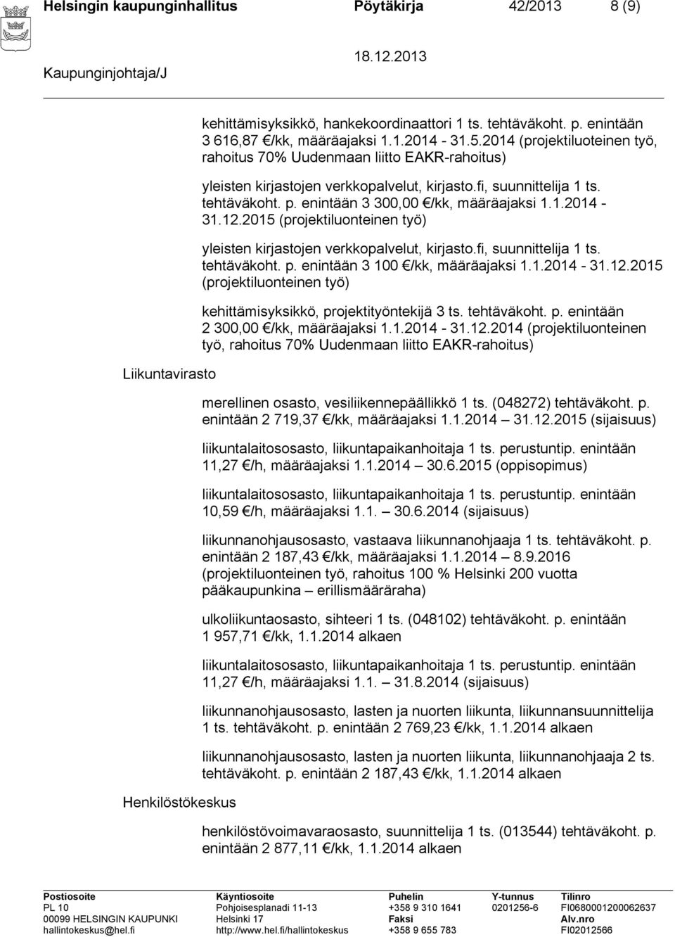 12.2015 yleisten kirjastojen verkkopalvelut, kirjasto.fi, suunnittelija 1 ts. tehtäväkoht. p. enintään 3 100 /kk, määräajaksi 1.1.2014-31.12.2015 kehittämisyksikkö, projektityöntekijä 3 ts.