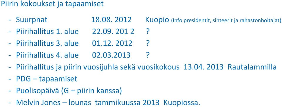 - Piirihallitus 3. alue 01.12. 2012? - Piirihallitus 4. alue 02.03.2013?