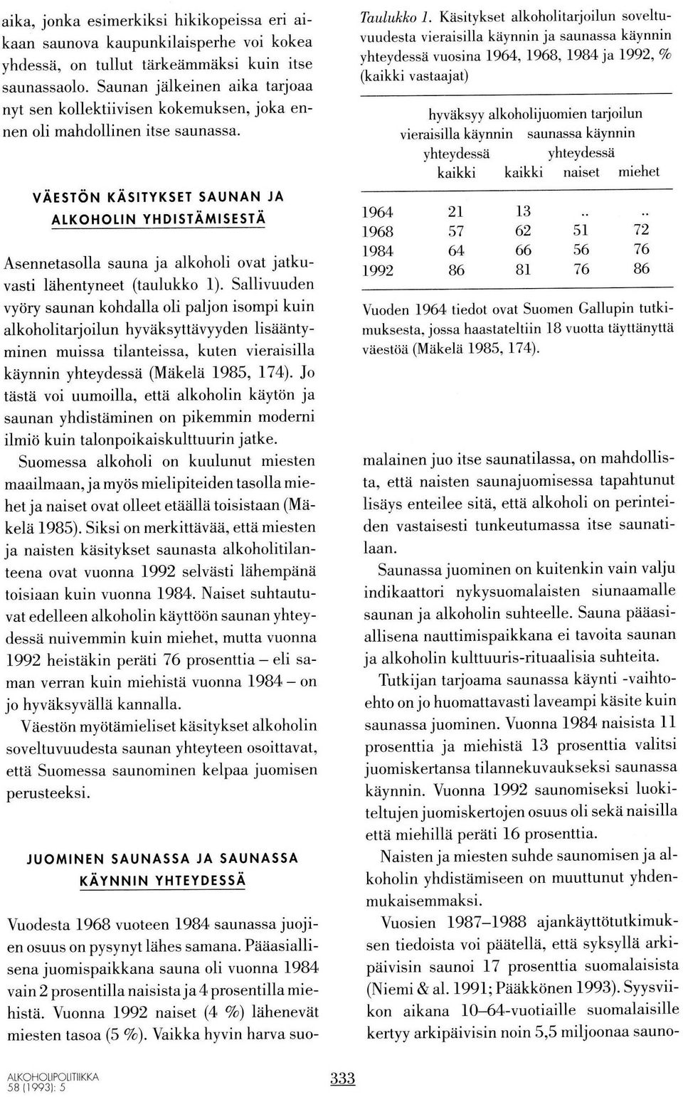 vätstön KASITYKSET SAUNAN JA AtKOHOtIN YHDISTAMISESTA Asennetasolla sauna ja alkoholi ovat jatkuvasti lähentyneet (taulukko 1).