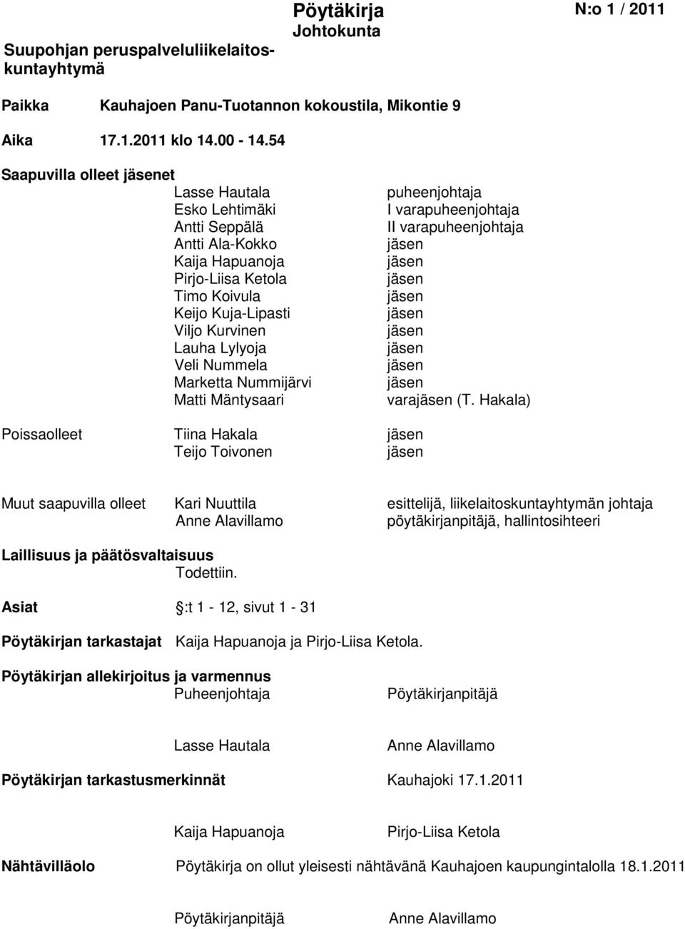 Marketta Nummijärvi Matti Mäntysaari puheenjohtaja I varapuheenjohtaja II varapuheenjohtaja jäsen jäsen jäsen jäsen jäsen jäsen jäsen jäsen jäsen varajäsen (T.