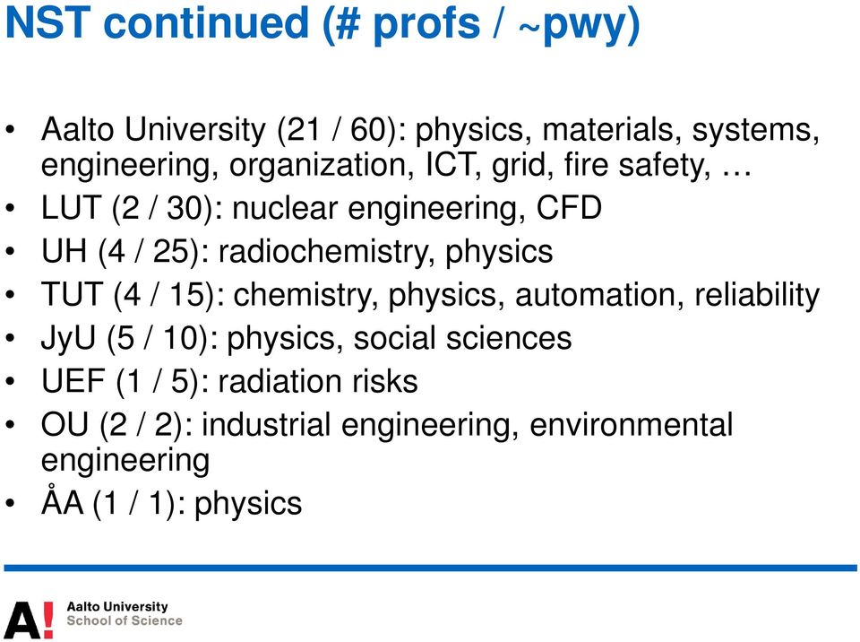 physics TUT (4 / 15): chemistry, physics, automation, reliability JyU (5 / 10): physics, social sciences