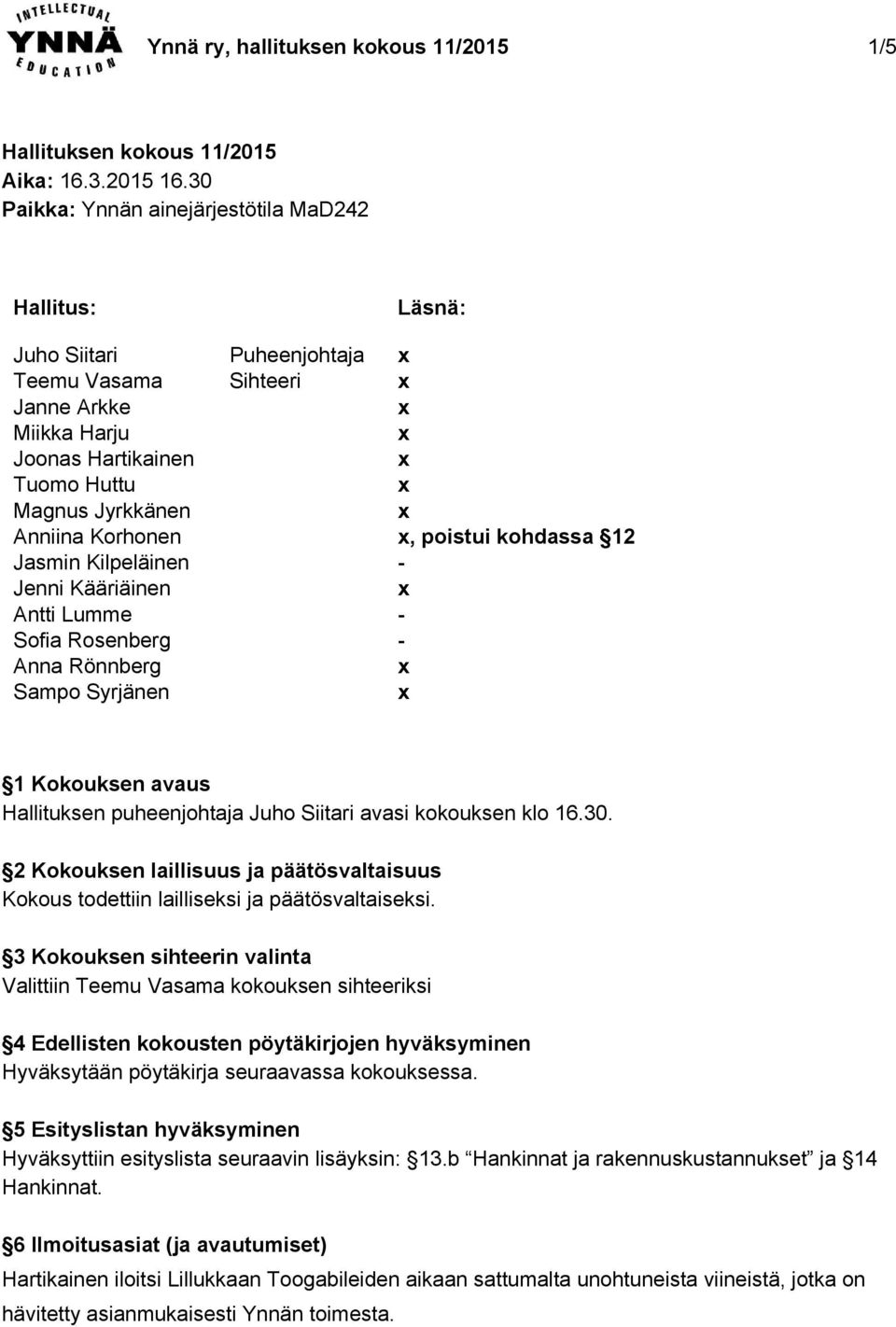 Kääriäinen Antti Lumme Sofia Rosenberg Anna Rönnberg Sampo Syrjänen Puheenjohtaja Sihteeri Läsnä:, poistui kohdassa 12 1 Kokouksen avaus Hallituksen puheenjohtaja Juho Siitari avasi kokouksen klo 16.