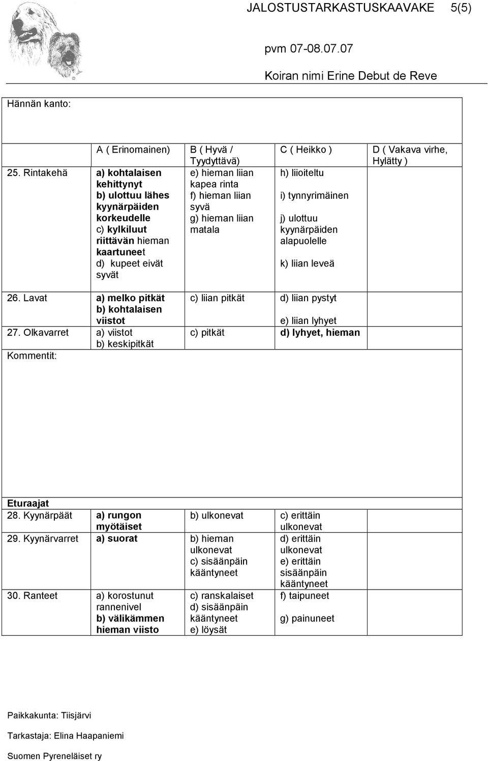 kupeet eivät syvät h) liioiteltu i) tynnyrimäinen j) ulottuu kyynärpäiden alapuolelle k) liian leveä 26. Lavat a) melko pitkät b) kohtalaisen viistot 27.