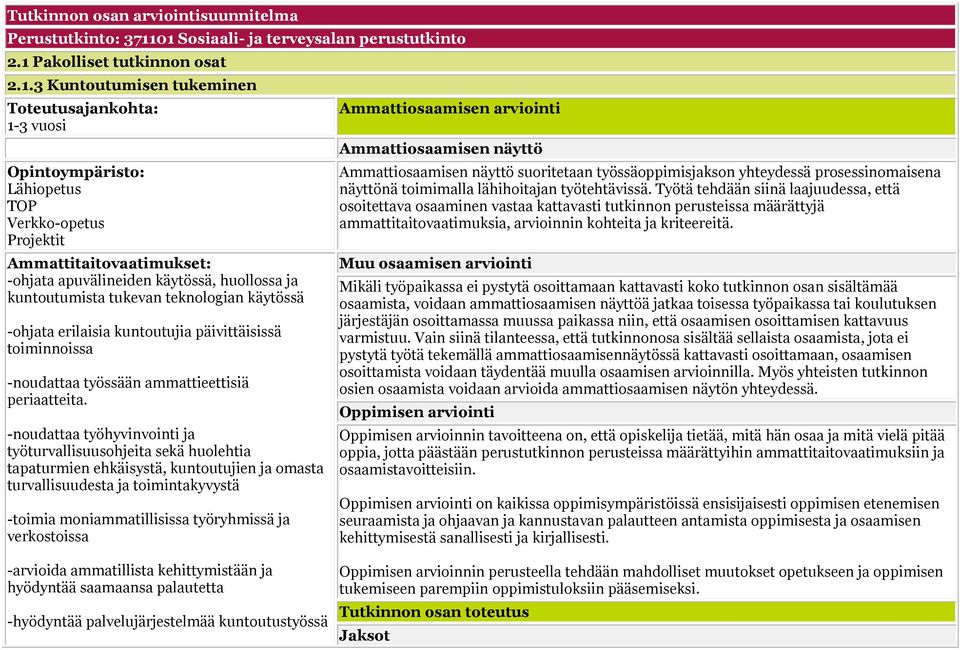 Ammattitaitovaatimukset: -ohjata apuvälineiden käytössä, huollossa ja kuntoutumista tukevan teknologian käytössä -ohjata erilaisia kuntoutujia päivittäisissä toiminnoissa -noudattaa työssään