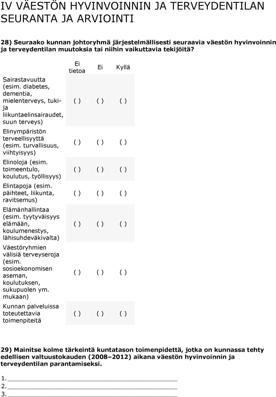 toimeentulo, koulutus, työllisyys) Elintapoja (esim. päihteet, liikunta, ravitsemus) Elämänhallintaa (esim.