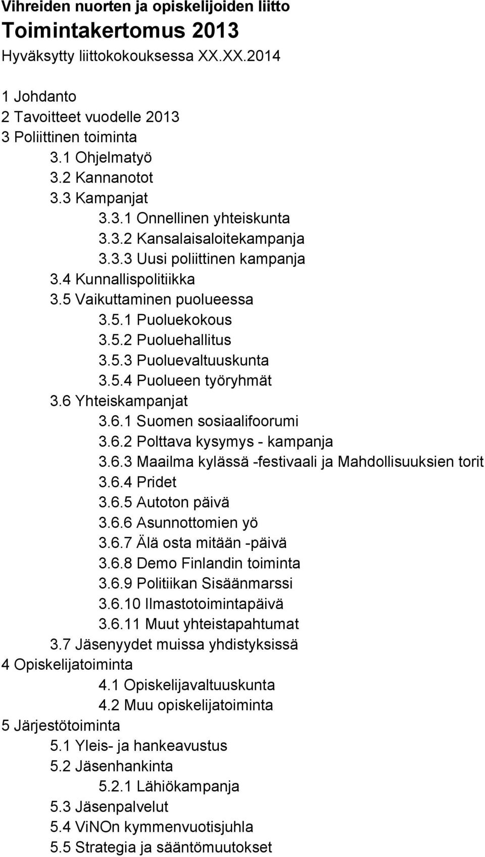 5.4 Puolueen työryhmät 3.6 Yhteiskampanjat 3.6.1 Suomen sosiaalifoorumi 3.6.2 Polttava kysymys kampanja 3.6.3 Maailma kylässä festivaali ja Mahdollisuuksien torit 3.6.4 Pridet 3.6.5 Autoton päivä 3.6.6 Asunnottomien yö 3.