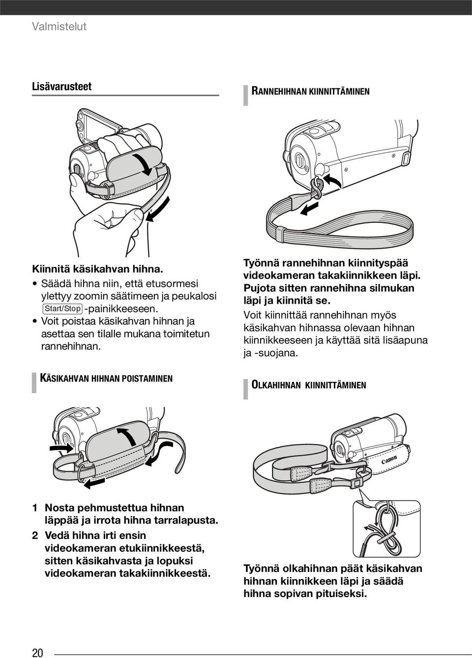 Pujota sitten rannehihna silmukan läpi ja kiinnitä se. Voit kiinnittää rannehihnan myös käsikahvan hihnassa olevaan hihnan kiinnikkeeseen ja käyttää sitä lisäapuna ja -suojana.
