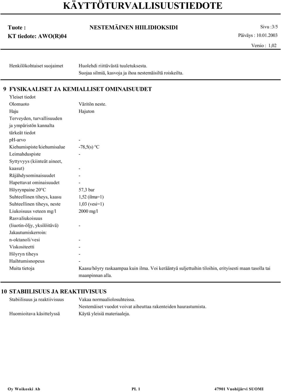 Haju Hajuton Terveyden, turvallisuuden ja ympäristön kannalta tärkeät tiedot ph-arvo - Kiehumispiste/kiehumisalue -78,5(s) C Leimahduspiste - Syttyvyys (kiinteät aineet, kaasut) -