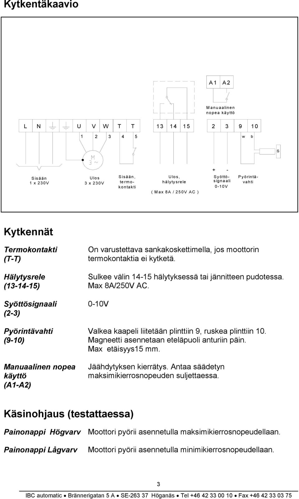 varustettava sankakoskettimella, jos moottorin termokontaktia ei kytketä. Sulkee välin 14-15 hälytyksessä tai jännitteen pudotessa. Max 8A/250V AC.