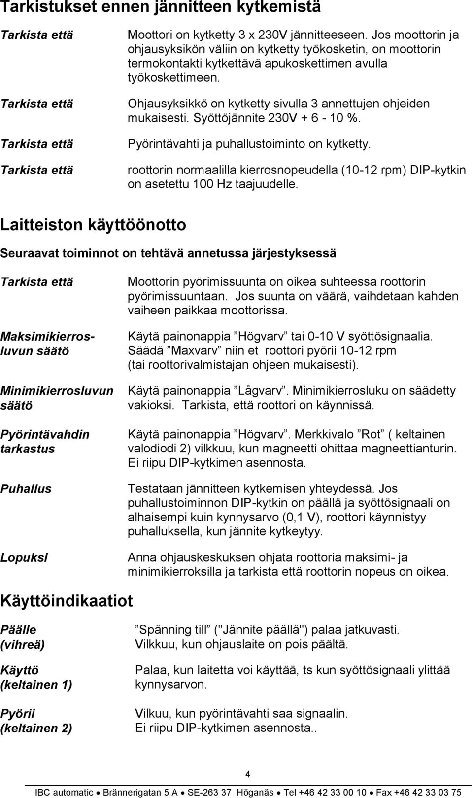 Ohjausyksikkö on kytketty sivulla 3 annettujen ohjeiden mukaisesti. Syöttöjännite 230V + 6-10 %. Pyörintävahti ja puhallustoiminto on kytketty.