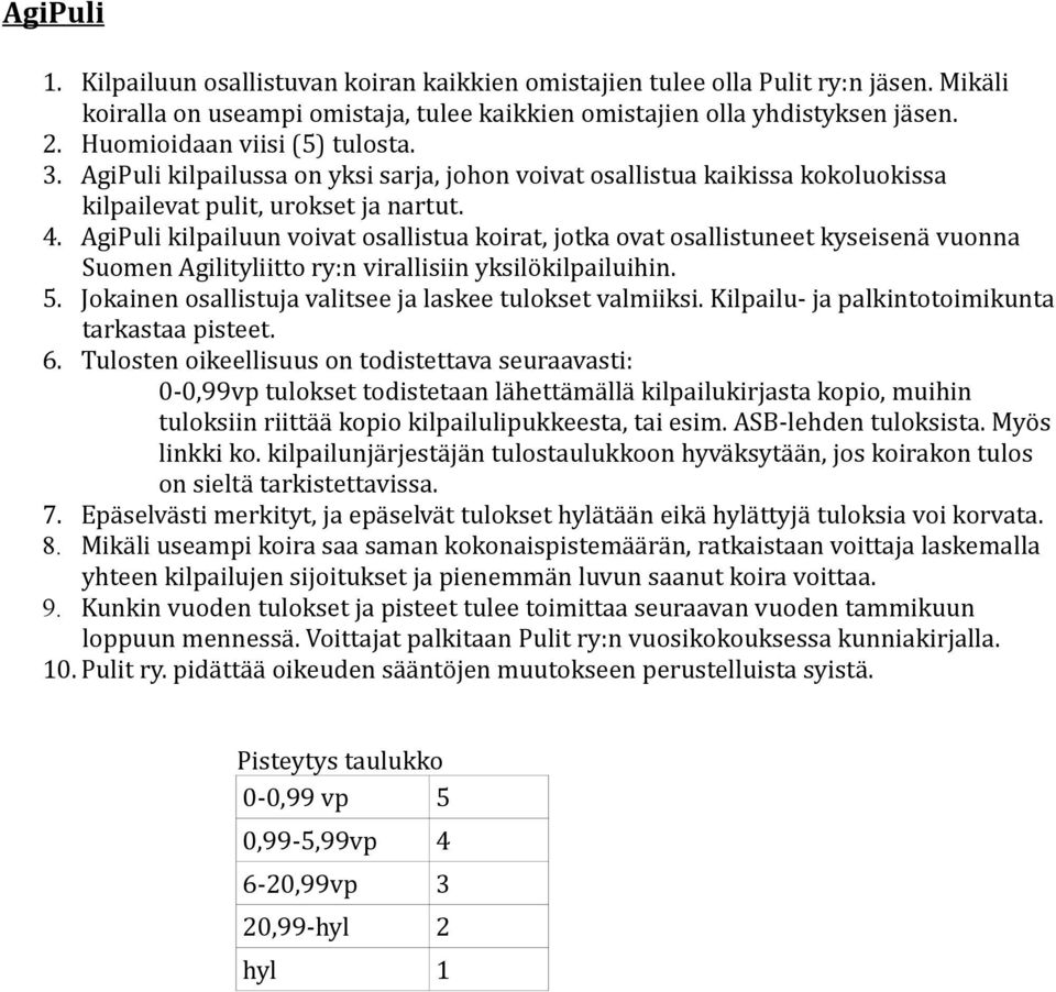 AgiPuli kilpailuun voivat osallistua koirat, jotka ovat osallistuneet kyseisenä vuonna Suomen Agilityliitto ry:n virallisiin yksilökilpailuihin. 5.