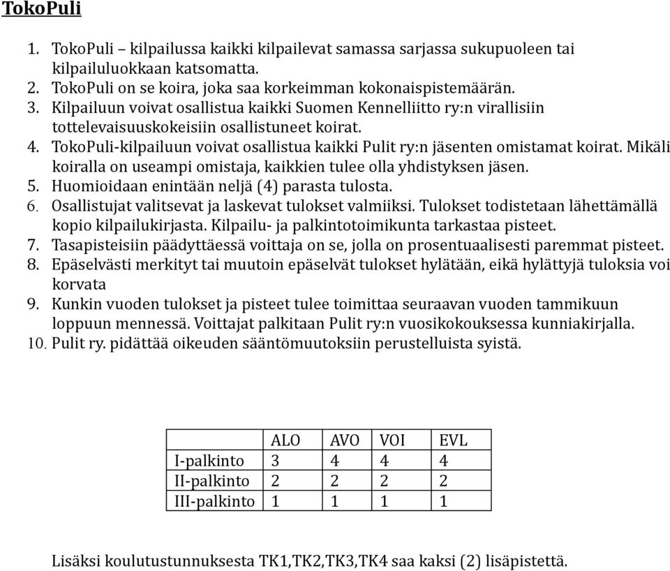 TokoPuli-kilpailuun voivat osallistua kaikki Pulit ry:n jäsenten omistamat koirat. Mikäli koiralla on useampi omistaja, kaikkien tulee olla yhdistyksen jäsen. 5.