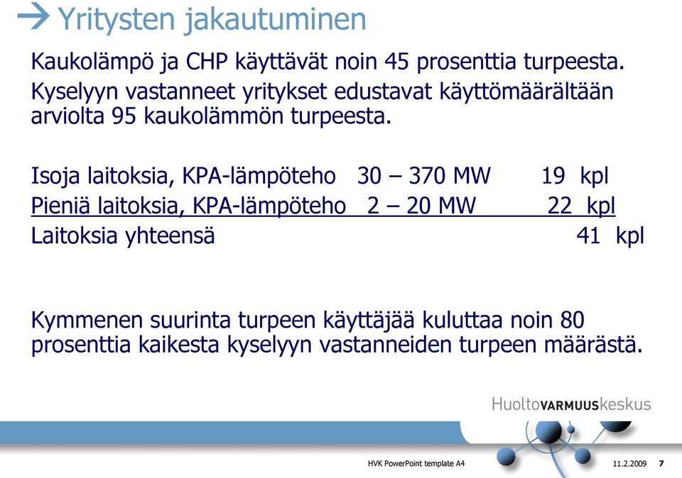 Isoja laitoksia, KPA-lämpöteho 30 370 MW Pieniä laitoksia, KPA-lämpöteho 2 20 MW Laitoksia yhteensä 19 kpl 22
