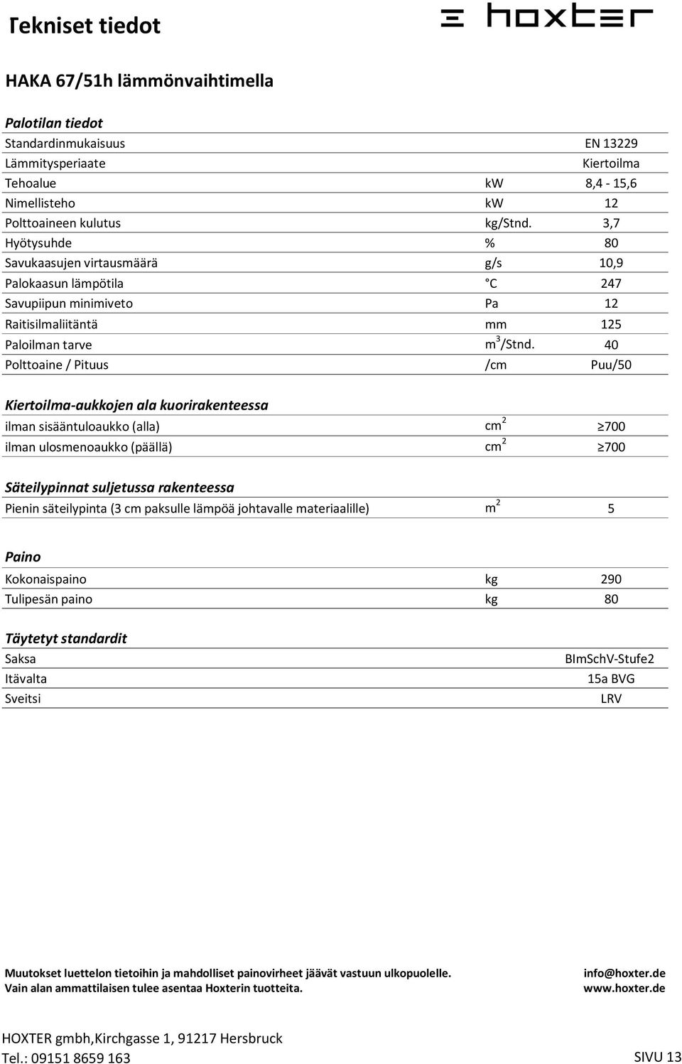 40 Polttoaine / Pituus /cm Puu/50 Kiertoilma-aukkojen ala kuorirakenteessa ilman sisääntuloaukko (alla) cm 2 700 ilman ulosmenoaukko (päällä) cm 2 700 Säteilypinnat suljetussa