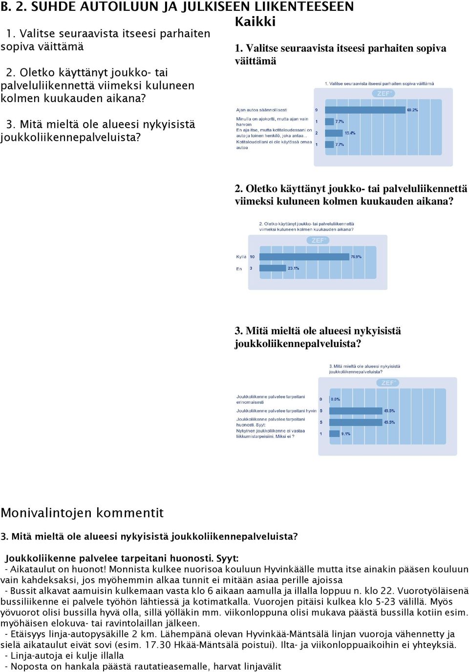 Oletko käyttänyt joukko- tai palveluliikennettä viimeksi kuluneen kolmen kuukauden aikana? 3. Mitä mieltä ole alueesi nykyisistä joukkoliikennepalveluista? Monivalintojen kommentit 3.