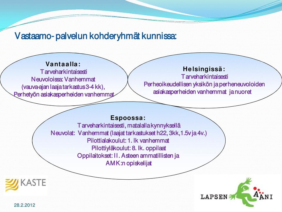 asiakasperheiden vanhemmat ja nuoret Espoossa: Tarveharkintaisesti, matalalla kynnyksellä Neuvolat: Vanhemmat (laajat tarkastukset