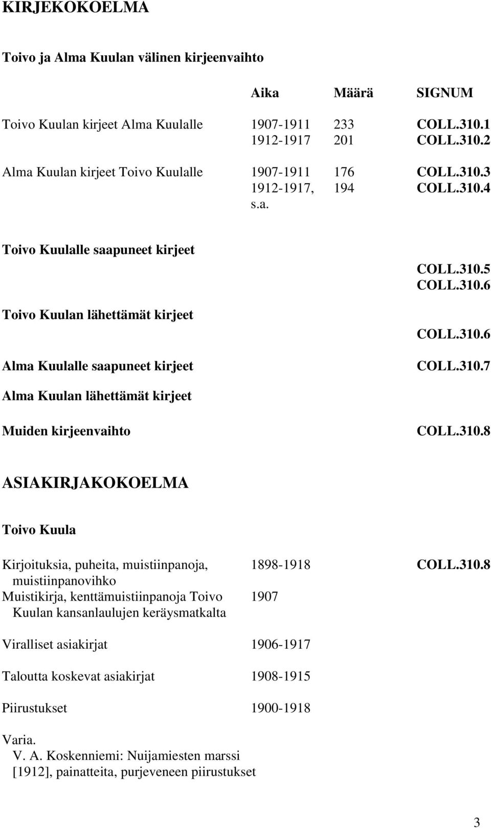 310.8 ASIAKIRJAKOKOELMA Toivo Kuula Kirjoituksia, puheita, muistiinpanoja, 1898-1918 COLL.310.8 muistiinpanovihko Muistikirja, kenttämuistiinpanoja Toivo 1907 Kuulan kansanlaulujen keräysmatkalta