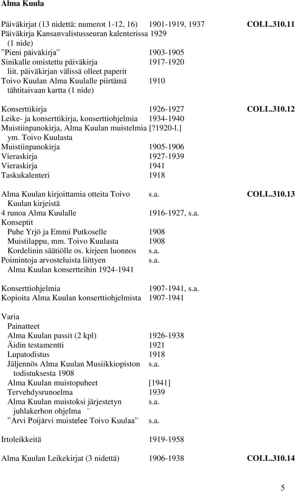 päiväkirjan välissä olleet paperit Toivo Kuulan Alma Kuulalle piirtämä 1910 tähtitaivaan kartta (1 nide) Konserttikirja 1926-1927 COLL.310.