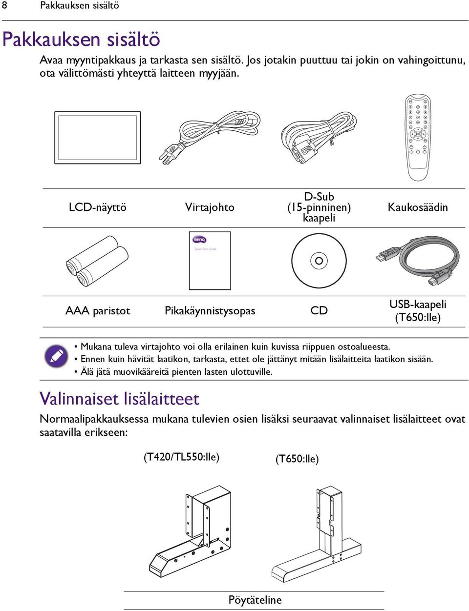 LCD-näyttö Virtajohto D-Sub (15-pinninen) kaapeli Kaukosäädin AAA paristot Pikakäynnistysopas CD USB-kaapeli (T650:lle) Mukana tuleva virtajohto voi olla erilainen kuin kuvissa