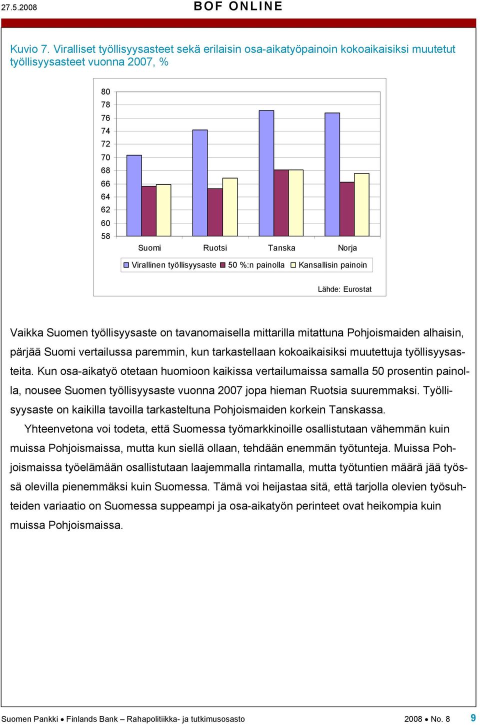 Kansallisin painoin Lähde: Eurostat Vaikka Suomen työllisyysaste on tavanomaisella mittarilla mitattuna Pohjoismaiden alhaisin, pärjää Suomi vertailussa paremmin, kun tarkastellaan kokoaikaisiksi